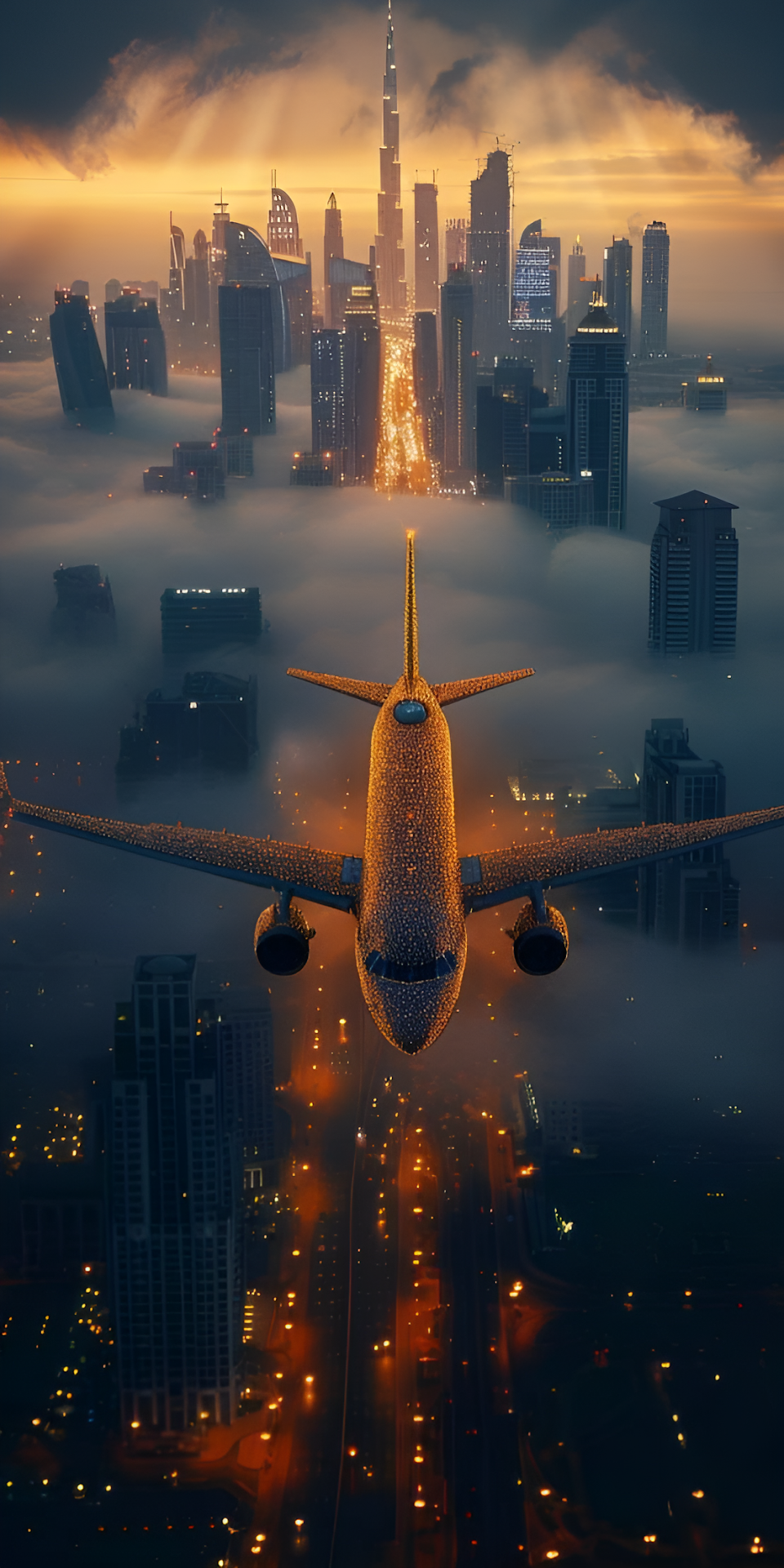 Golden Jet Flying Over Foggy Dubai Cityscape Sunset - Free 4K mobile Wallpaper