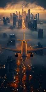 Golden Jet Flying Over Foggy Dubai Cityscape Sunset