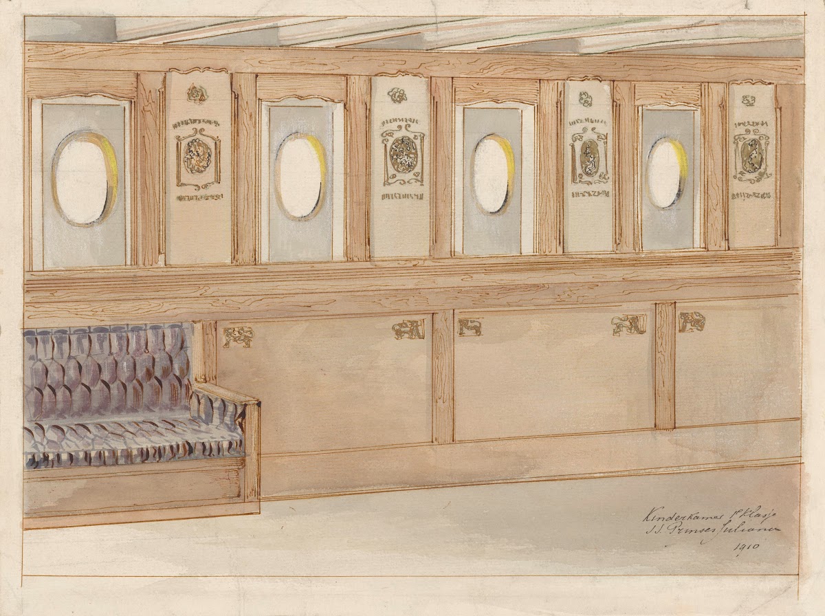 Ontwerp voor een kinderkamer Eerste Klas op de SS Prinses Juliana 1910