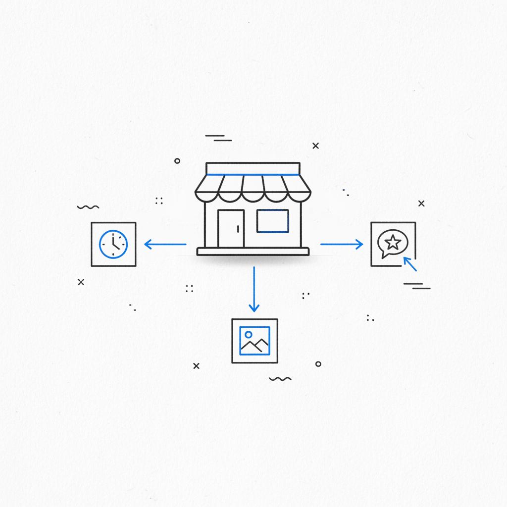 Close-up notebook sketch of a storefront icon with arrows to icons for hours, photos, and reviews, minimalist ink on white paper with blue callouts &mdash; is Yelp free for business owners