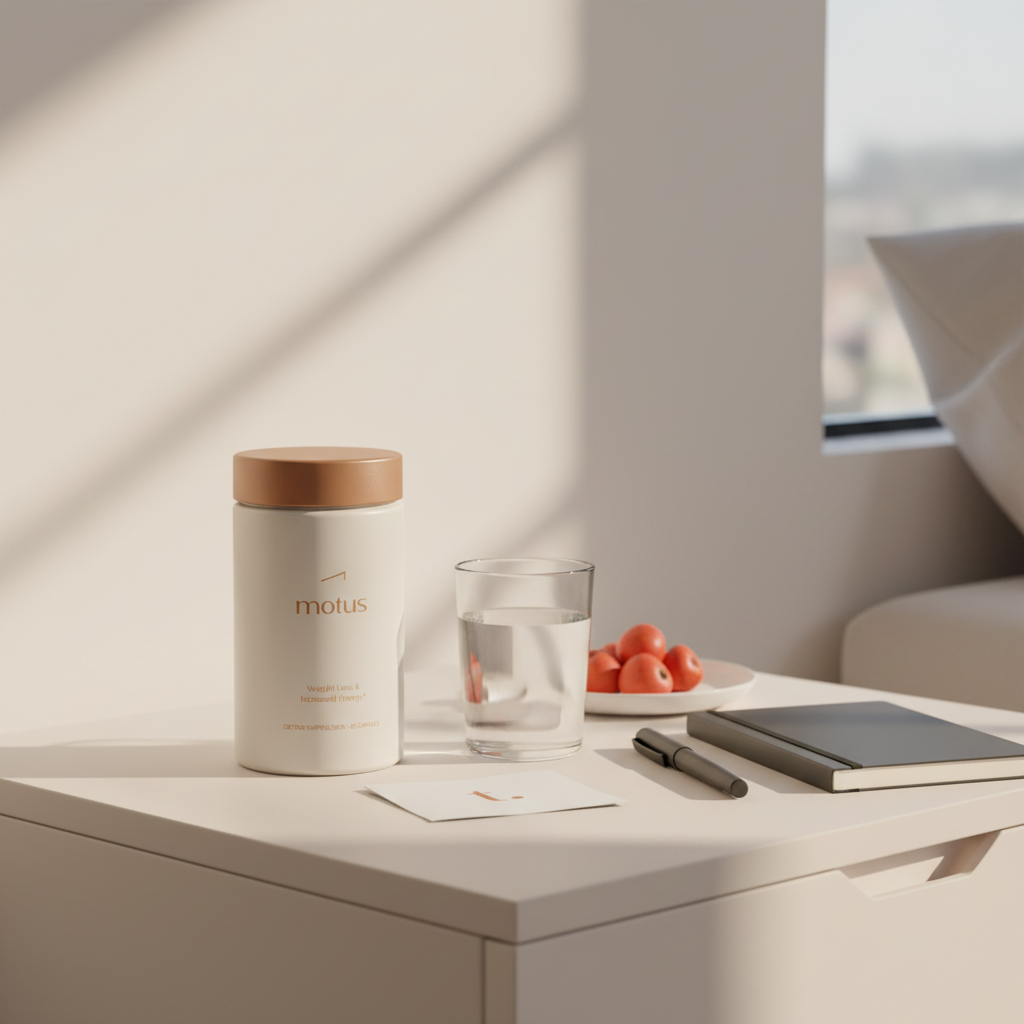 Minimalist bedside scene with Nouro supplement bottle, glass of water, notebook and berries, illustrating nootropics for memory in a calm morning routine.