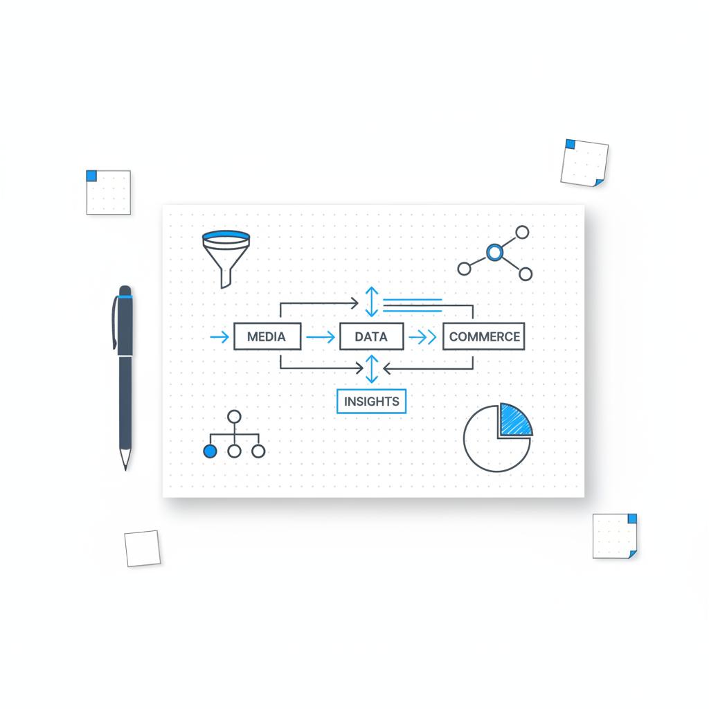 Minimalist flat-lay of strategy sketches, pen, and sticky notes arranged around a central diagram of media, data and commerce flows for Big 5 planning.
