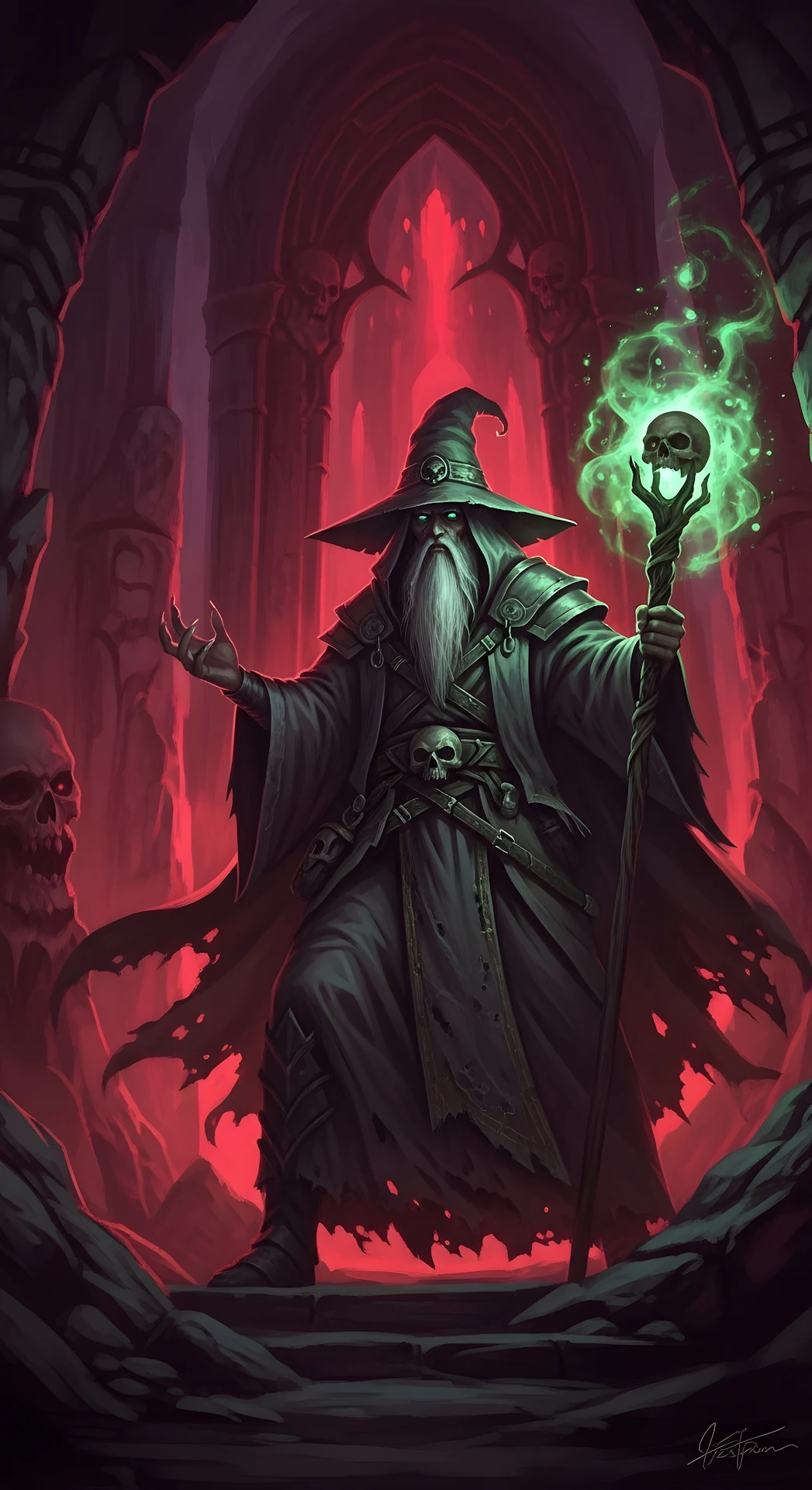 Necromancer Wizard in Red Gothic Crypt with Green Magic Staff - Free 4K mobile Wallpaper
