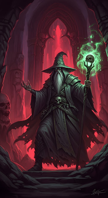 Necromancer Wizard in Red Gothic Crypt with Green Magic Staff - Free mobile Wallpaper