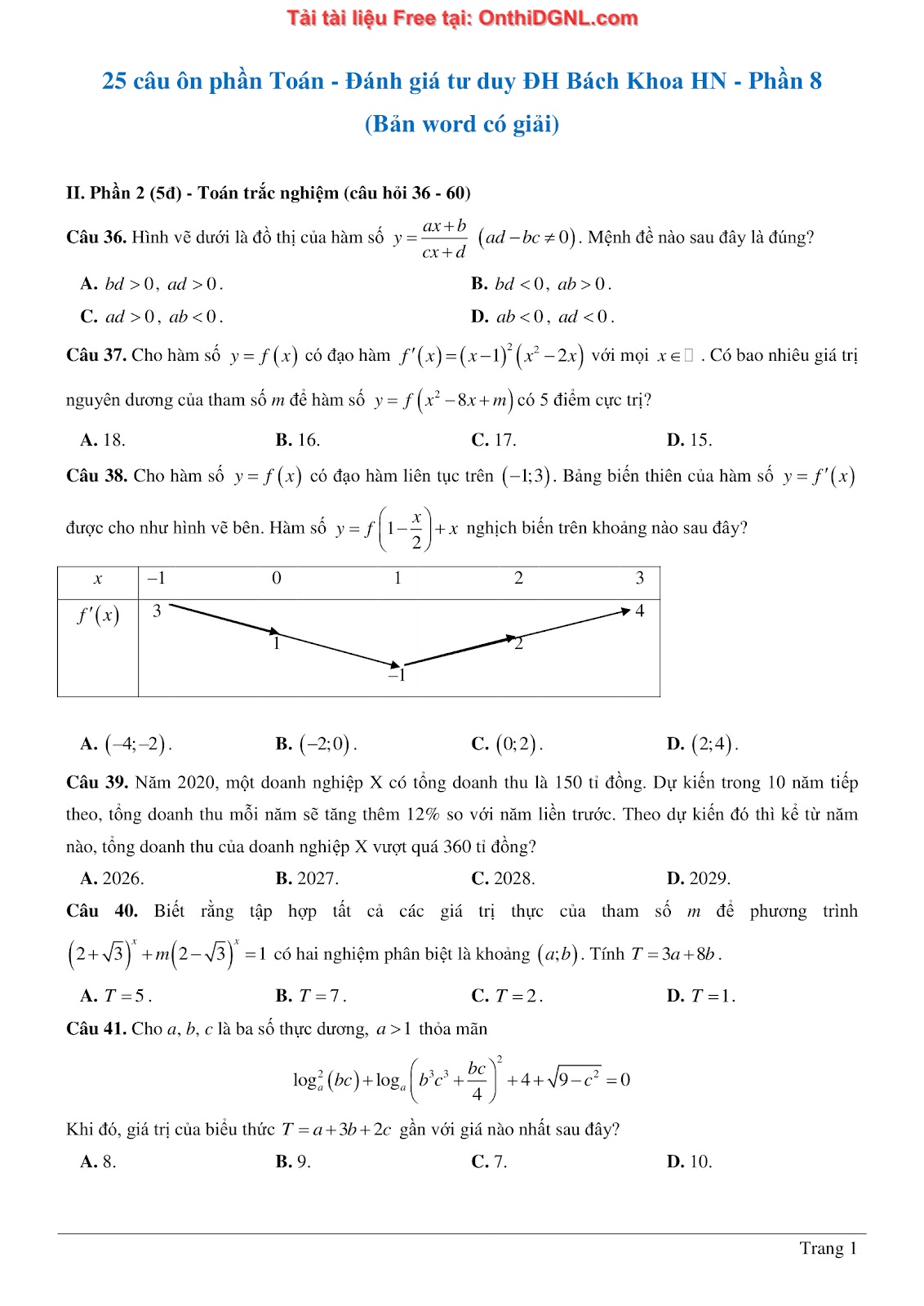 475 bài tập môn Toán - Ôn thi ĐGTD ĐH Bách Khoa Hà Nội Phần 8