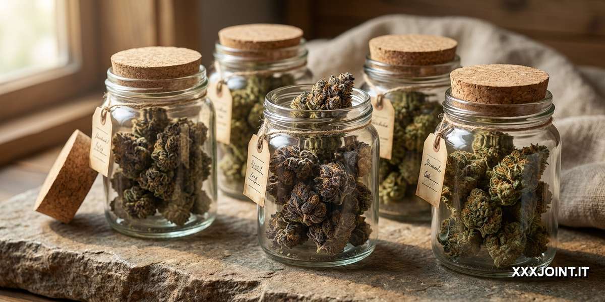 Barattoli con diverse varietà di infiorescenze di Cannabis Indica su superficie in pietra
