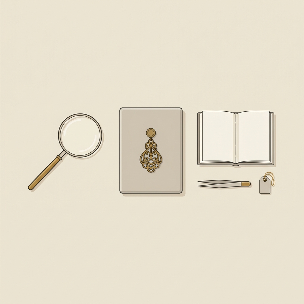 Minimal 2D vector of a conservator workspace showing antique roman earrings on foam with a loupe and a lab notebook on a soft beige background
