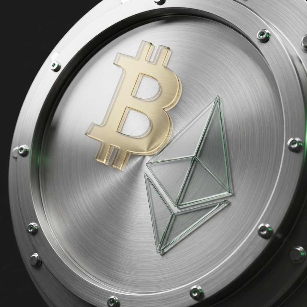 Close up photorealistic vault door with translucent Bitcoin and Ethereum overlays minimalist Finance Police style alto crypto ira