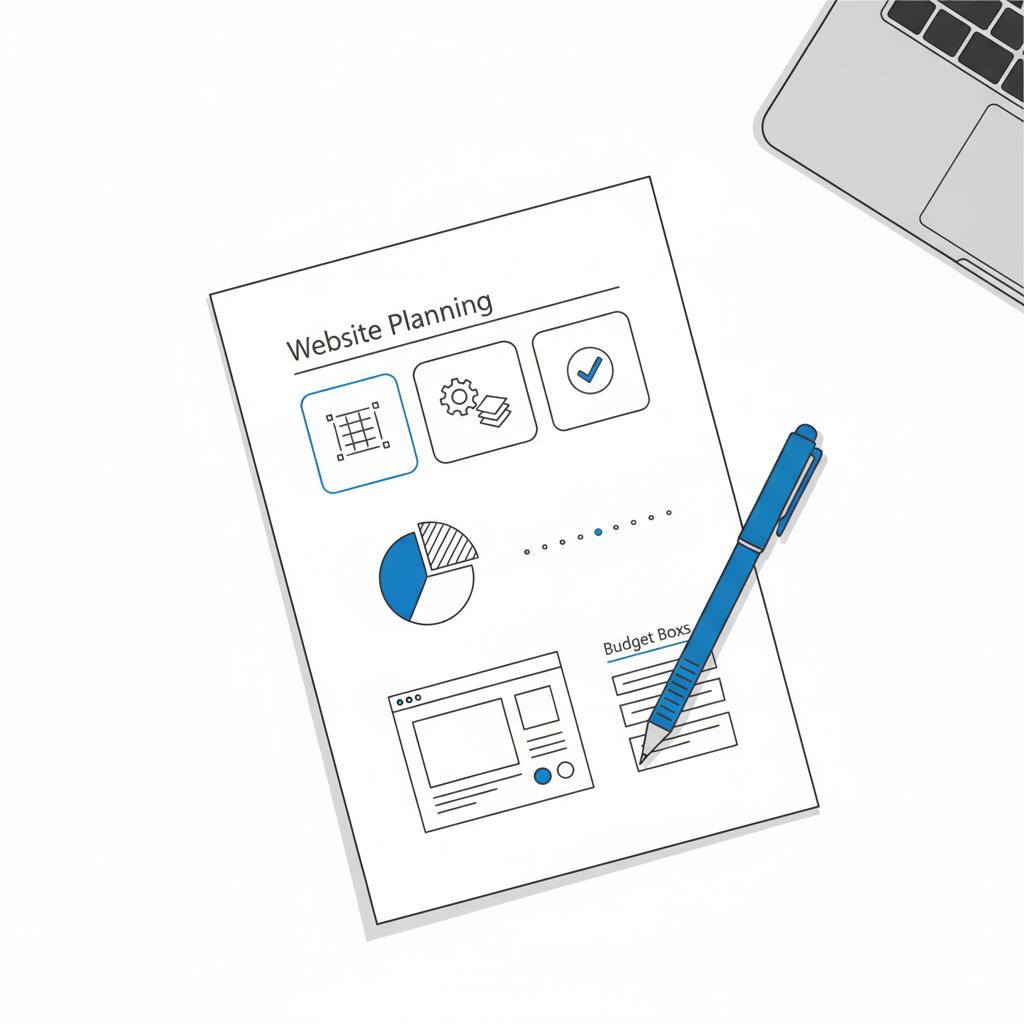 Minimal 2D vector notepad sketch showing three-phase website plan, budget pie chart, and wireframe mockup &mdash; visual planning for website cost for small business