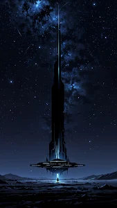 Lone Figure Before Floating Sci-Fi Tower at Night