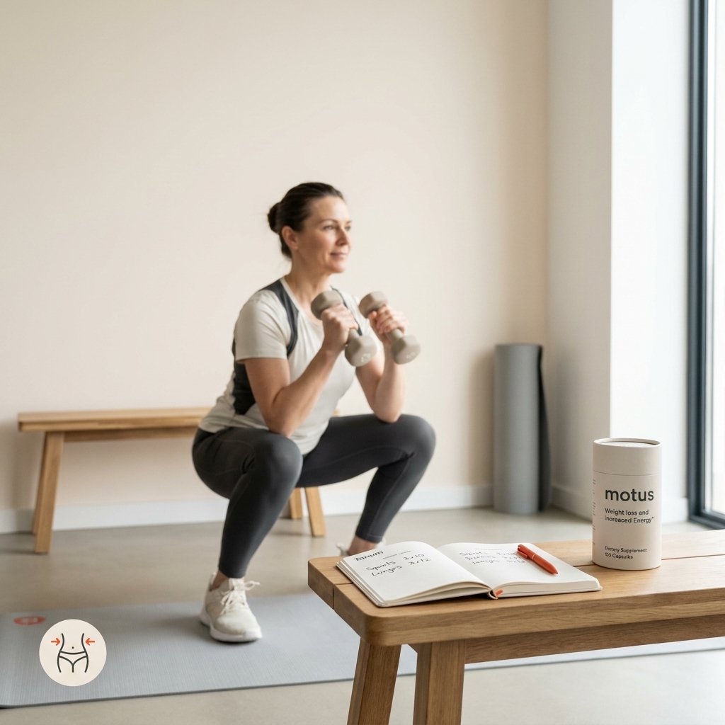 Person in their 40s doing a shallow squat in a home gym, notebook logging sets and reps on a bench, Tonum supplement jar visible to boost metabolism after 40