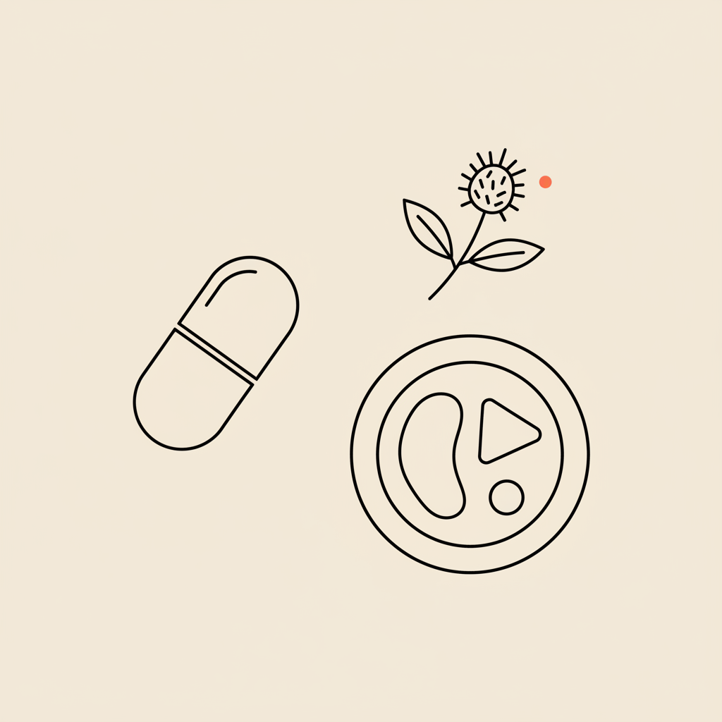 Minimal Tonum-style line illustration of a capsule, milk thistle sprig, and balanced plate on beige background representing best weight loss drug