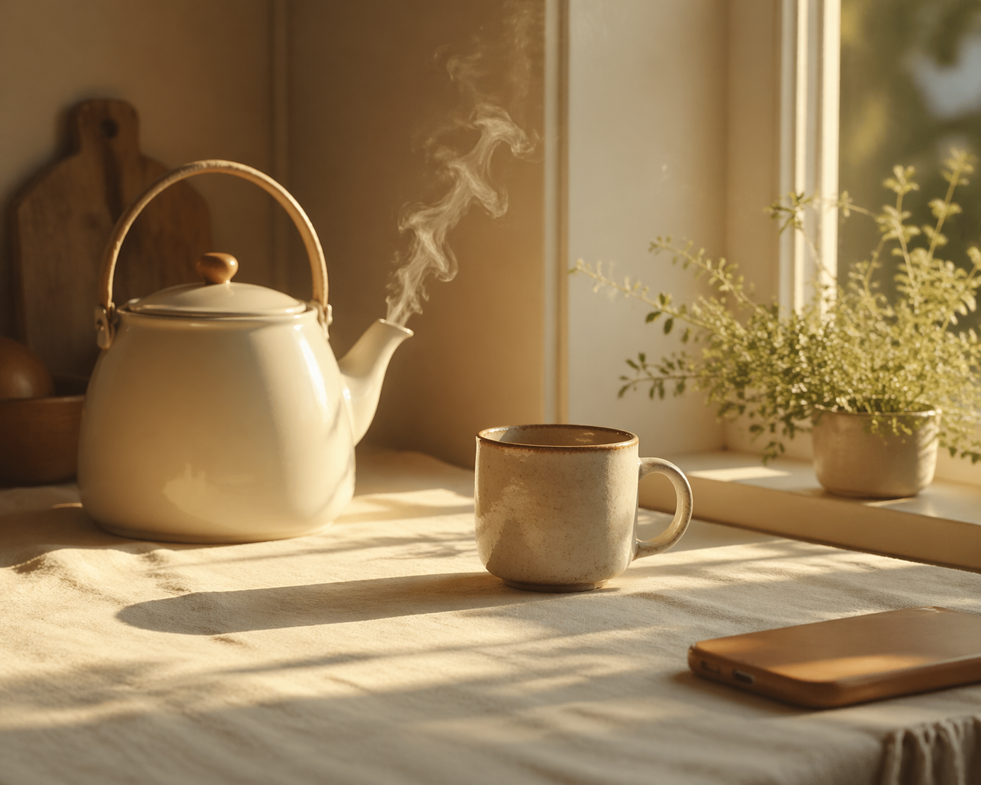 A white ceramic kettle on a clean, soft windowsill under gentle morning light, next to a matching mug.