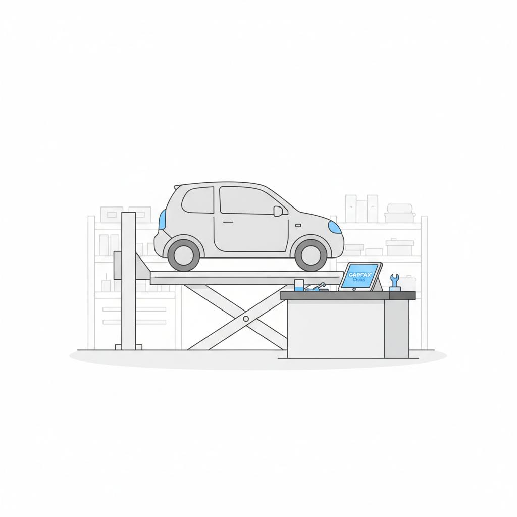 Minimalist vector workshop scene with a generic car on a lift and a blue accented tablet on a workbench representing a pre purchase inspection for best Hyundai for the money