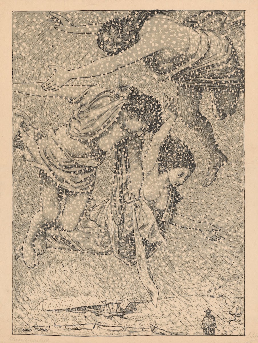 Three half naked women dancing in a snowstorm 1903