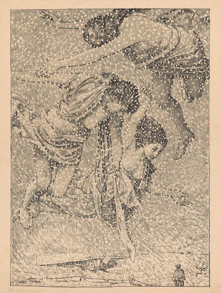 Three half naked women dancing in a snowstorm 1903