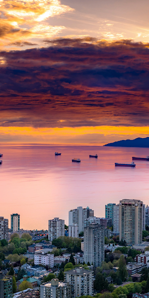 Vancouver, Sunset, Cityscape, Ocean View 4K Wallpaper Background