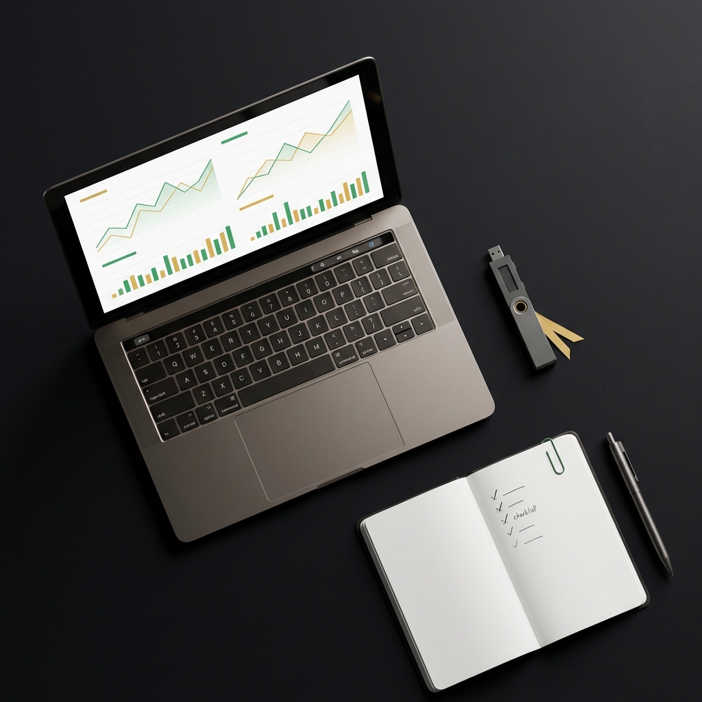 Top down tidy workspace with laptop showing financial charts hardware wallet and checklist notebook on dark background what is the best way to buy crypto