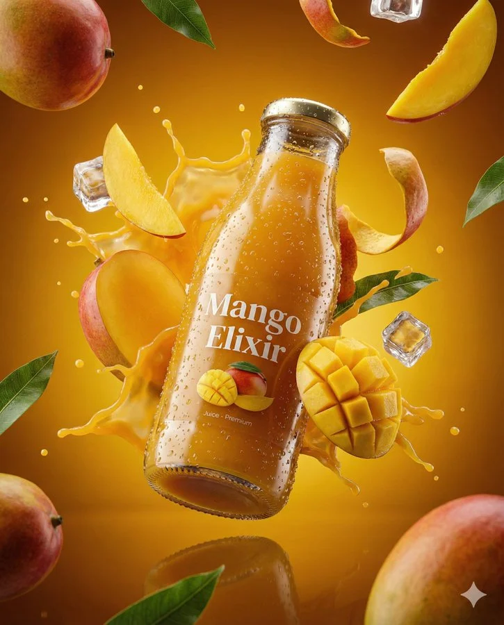Fotografía de producto ultrarrealista en 3D de una botella de zumo de cereza, al estilo de un anuncio publicitario.