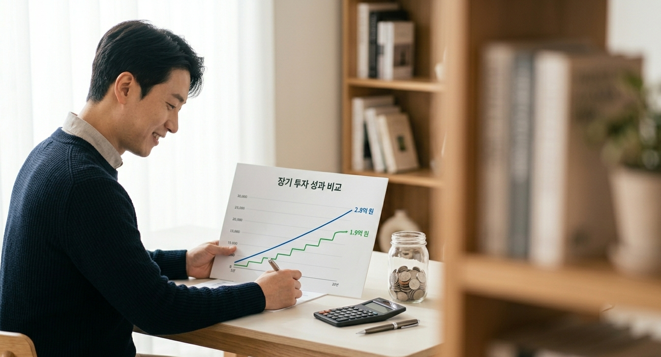 적립식 거치식 비교 — 20년 수익률 성장 곡선을 보여주는 차트와 동전 저금통