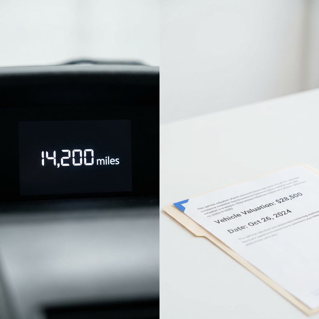 Close up of car dashboard odometer and printed valuation sheet on white table with blue accent folder showing Kelley Blue Book free lookup