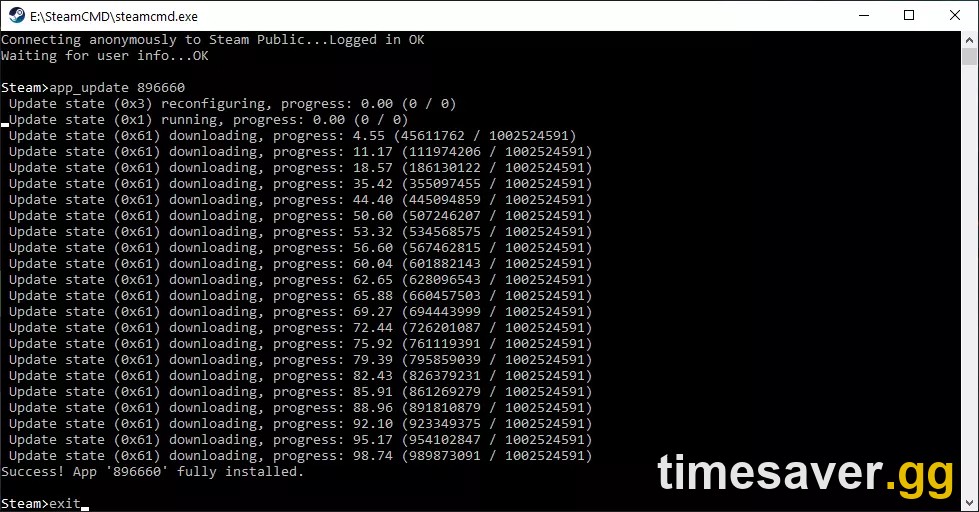 SteamCMD console installing the Valheim Dedicated Server, app 896660