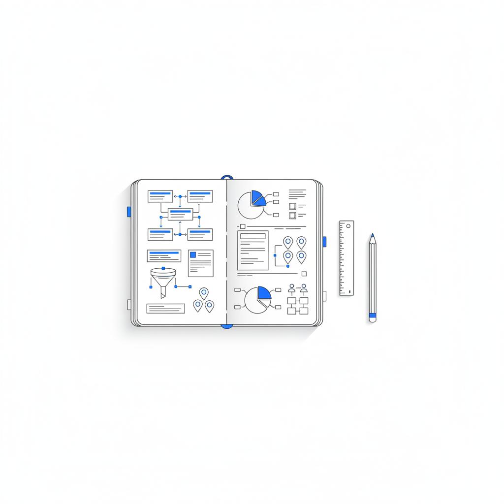 Minimal 2D vector flat-lay notepad with ad-group sketches, geolocation circles, ruler and pencil in Agency Visible colors for contractor ppc planning