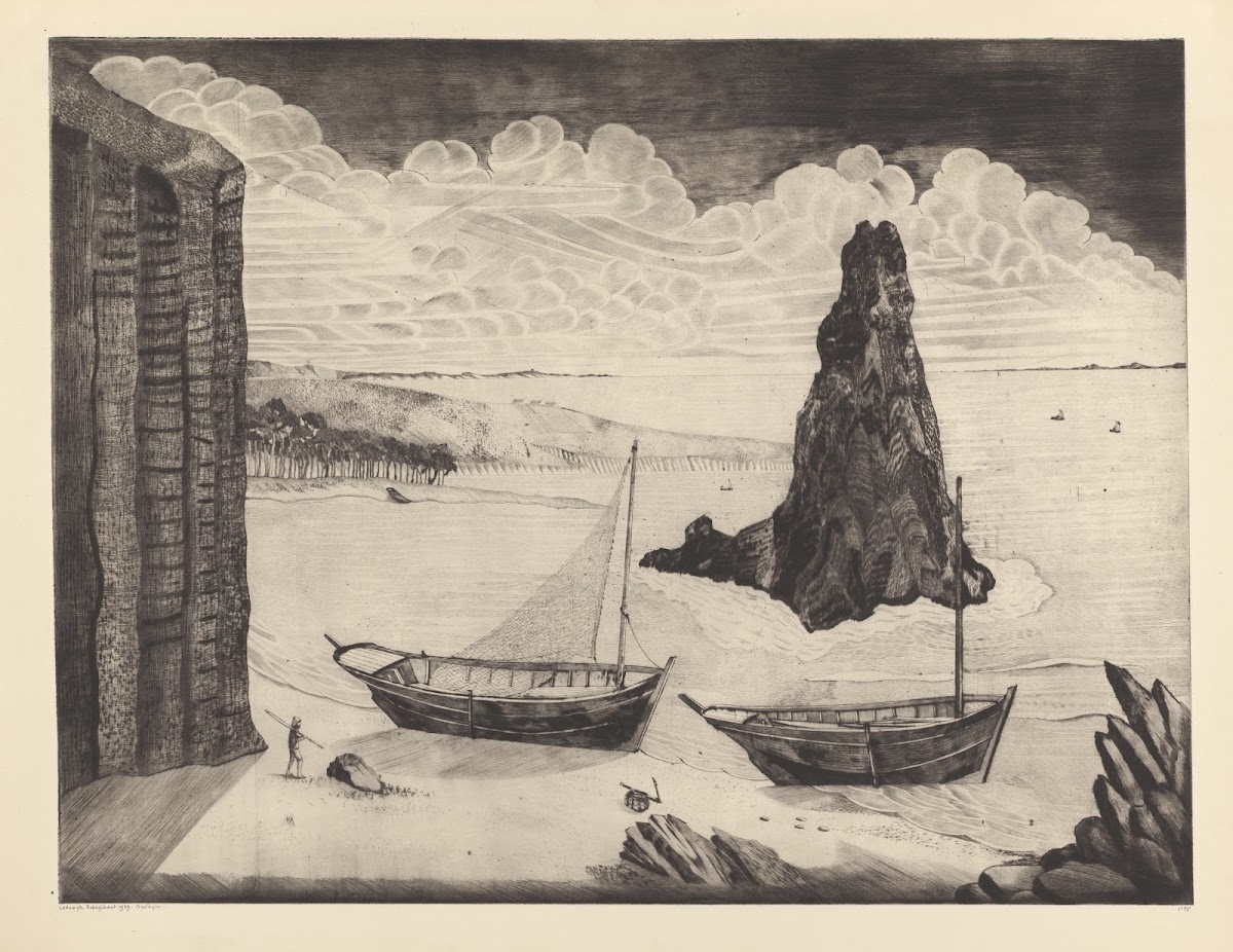 Twee afgemeerde schepen op een strand 1929