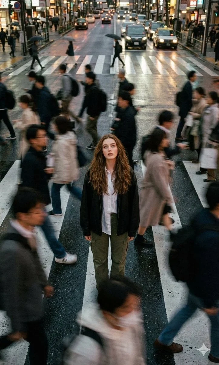 Fotografía callejera cinematográfica que captura un momento en movimiento con un efecto de desenfoque de la multitud.