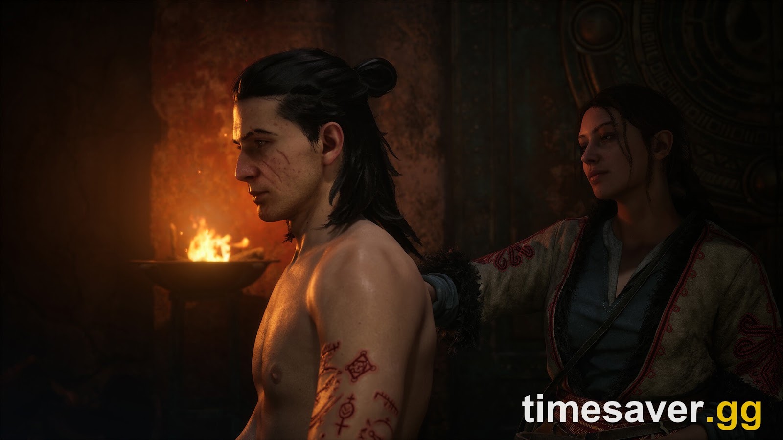 Coen shows the blood-magic runes carved into his skin beside a companion in The Blood of Dawnwalker
