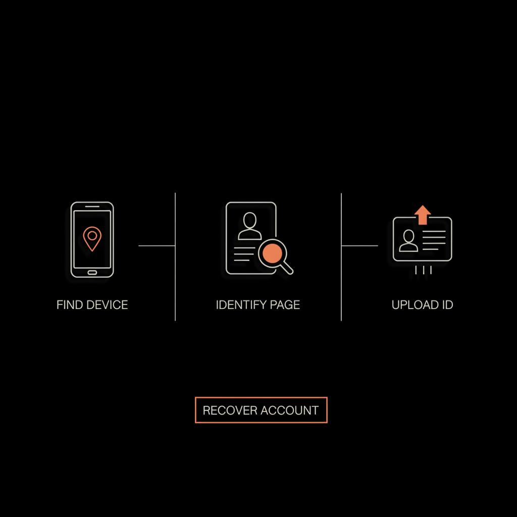 Minimal full-frame infographic showing three steps: find logged-in device, identify page, upload ID — guide to reset Facebook password without email in Social Success Hub palette.