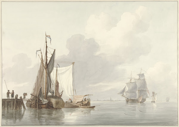 Riviergezicht met afgemeerde schepen 1780   1848