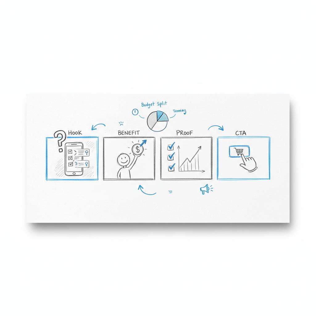 Close-up flat-lay storyboard sheet with thumbnail sketches of short-form ad beats illustrating TikTok ads success rate, minimalist white layout with blue accents