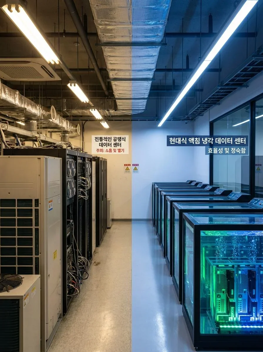 기존 공랭식과 액침냉각 데이터센터 구조 비교