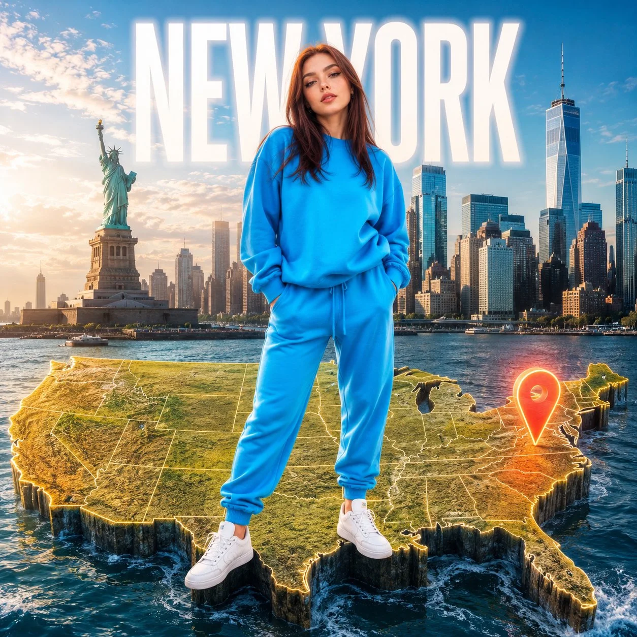 Retrato de viaje de moda en Nueva York en azul neón