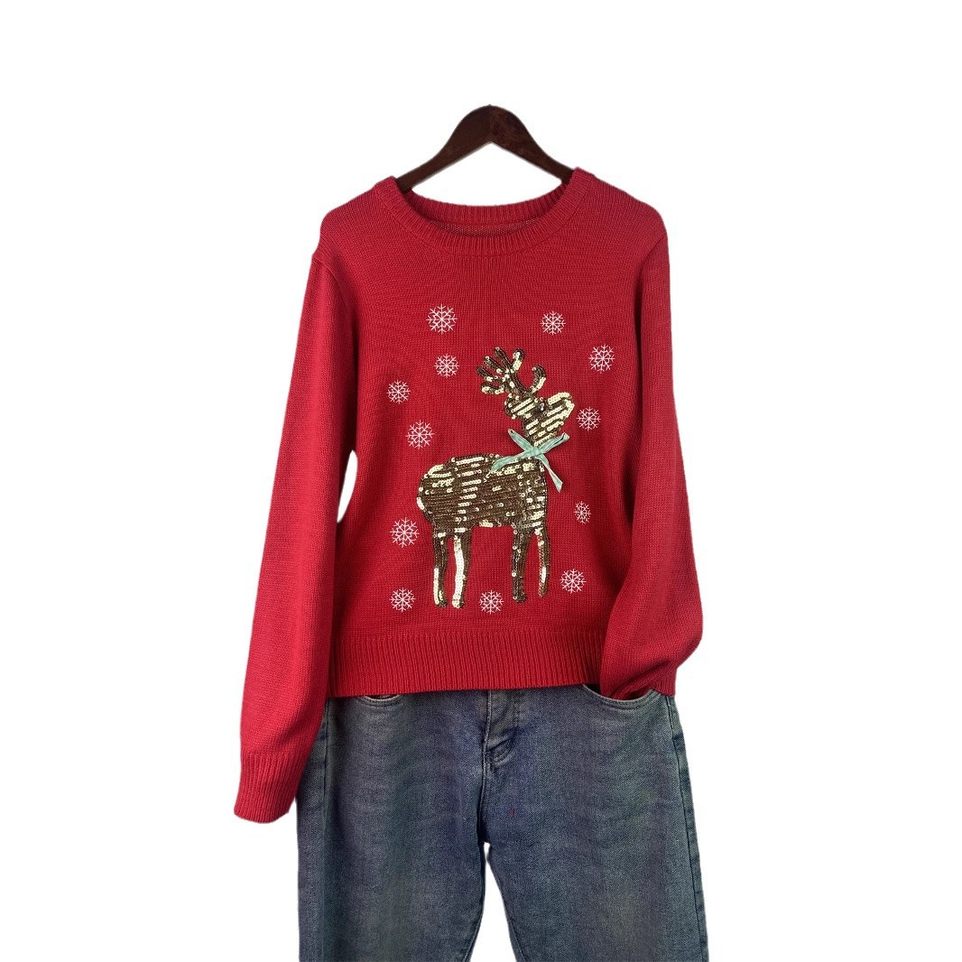 Women's Christmas Sweater with Reindeer Embroidery and Sequins