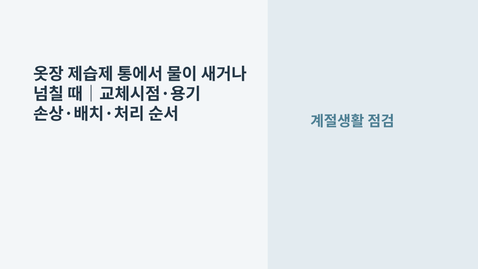 옷장 안 제습제 용기에 물이 차고 주변 바닥에 누수 흔적이 생긴 모습