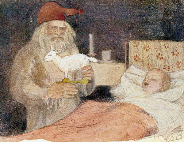 Joulupukki tuo lahjan pojan sängyn viereen
