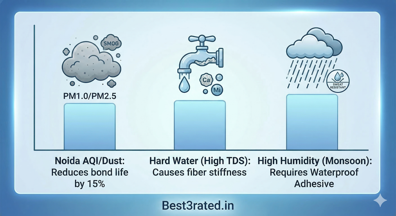 Chart showing how Noida AQI and hard water impact hair patch durability for Sector 62 residents