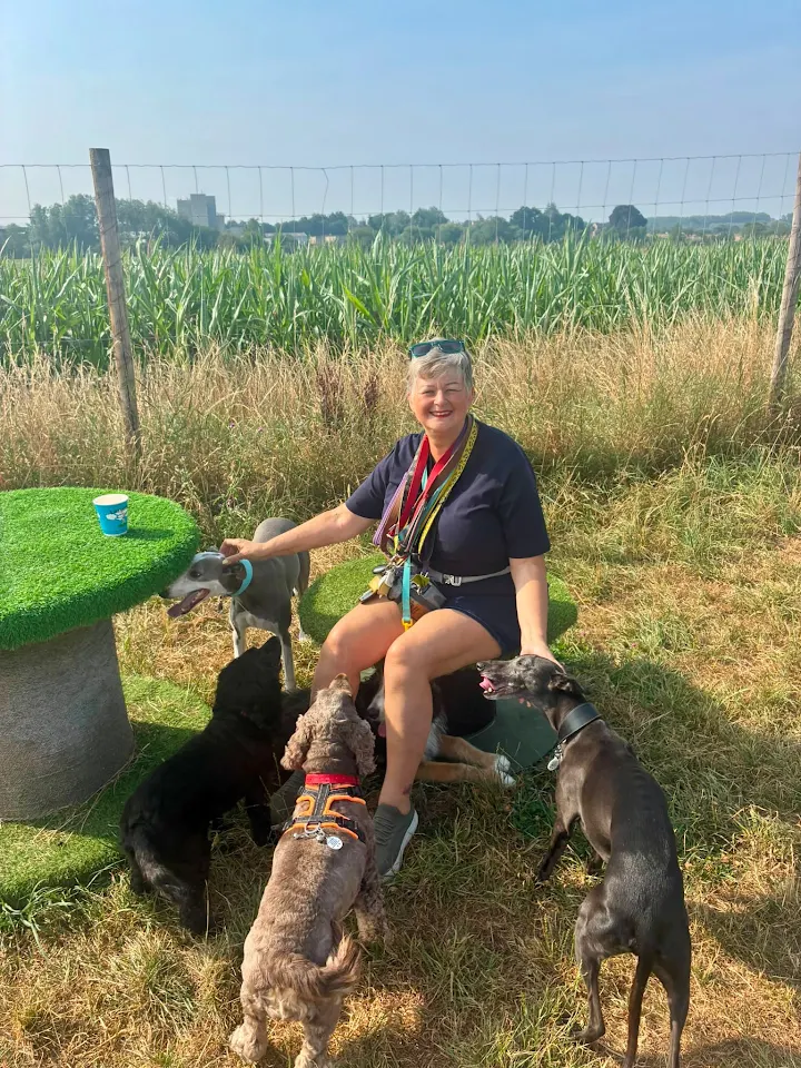 Trina sitting in a sunny field near Trowbridge with dogs from daycare