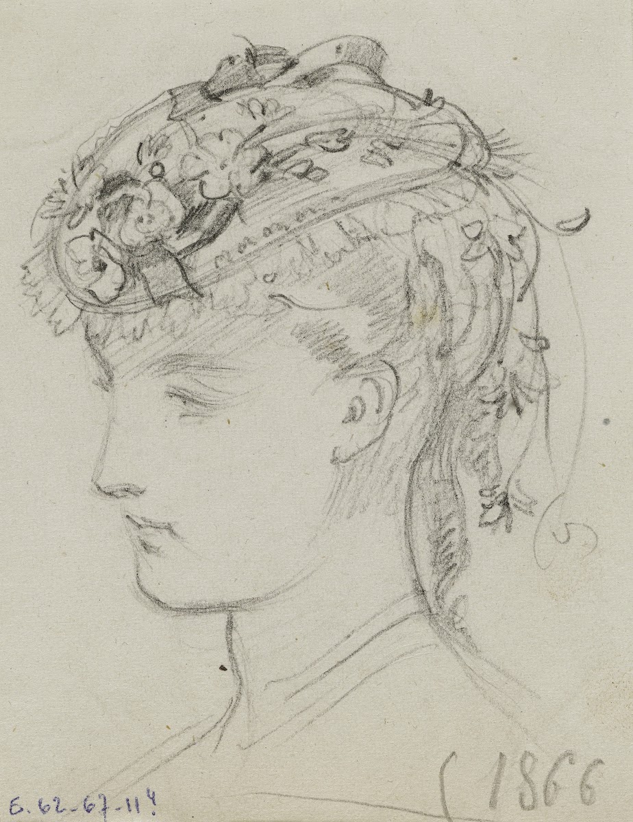 Tête féminine avec coiffe fleurie 1866