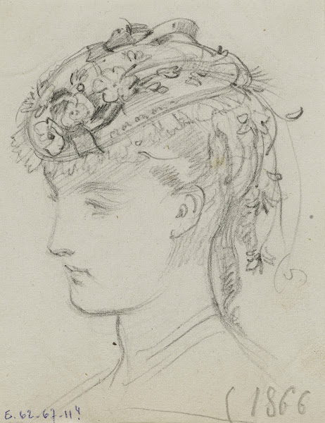 Tête féminine avec coiffe fleurie 1866