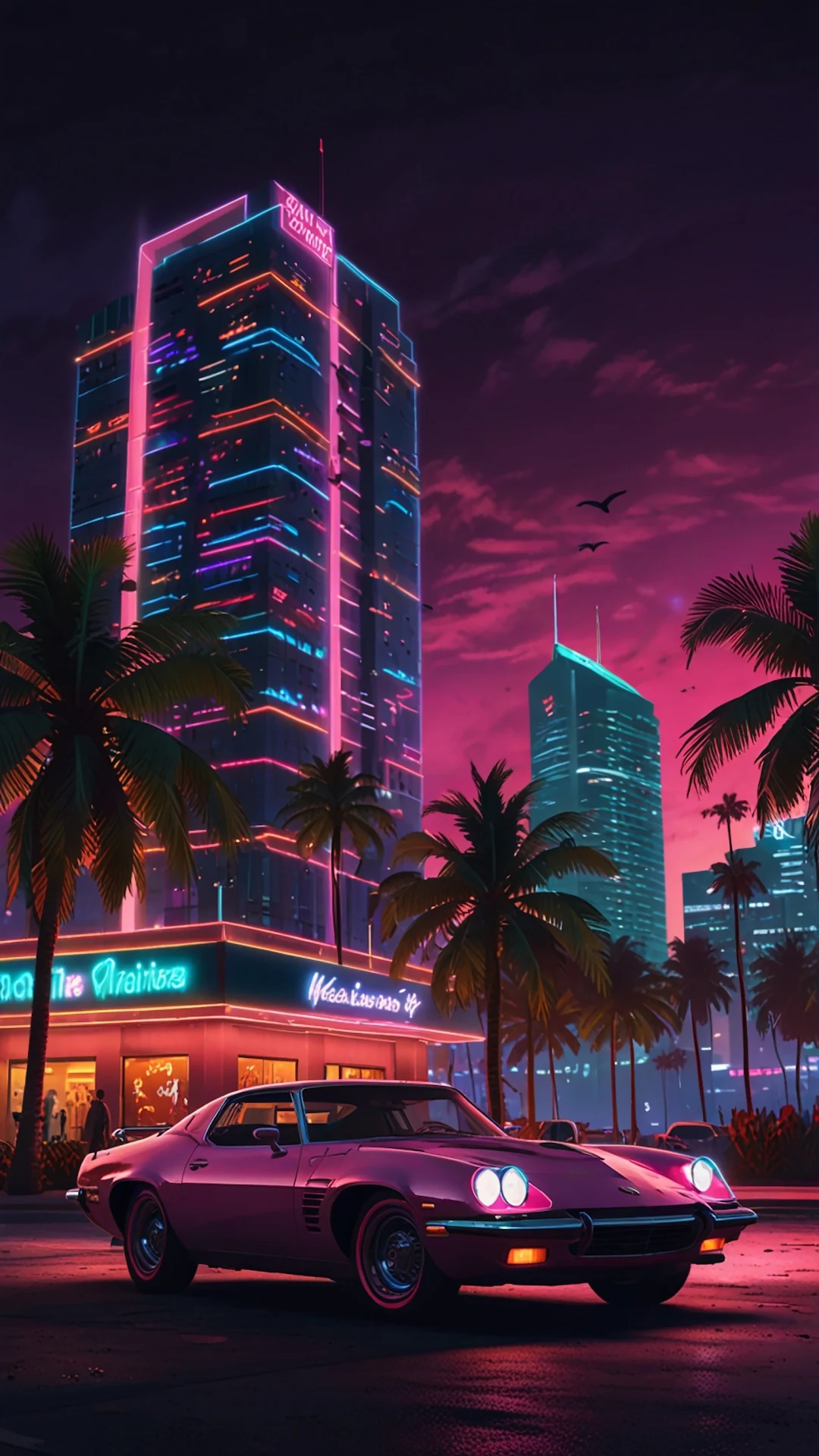 Pink Muscle Car in Neon City with Palm Trees at Night - Free 4K mobile Wallpaper