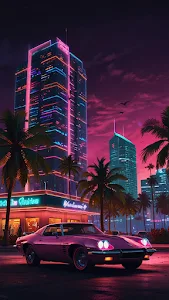 Pink Muscle Car in Neon City with Palm Trees at Night