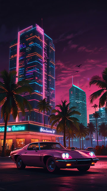 Pink Muscle Car in Neon City with Palm Trees at Night - Free mobile Wallpaper