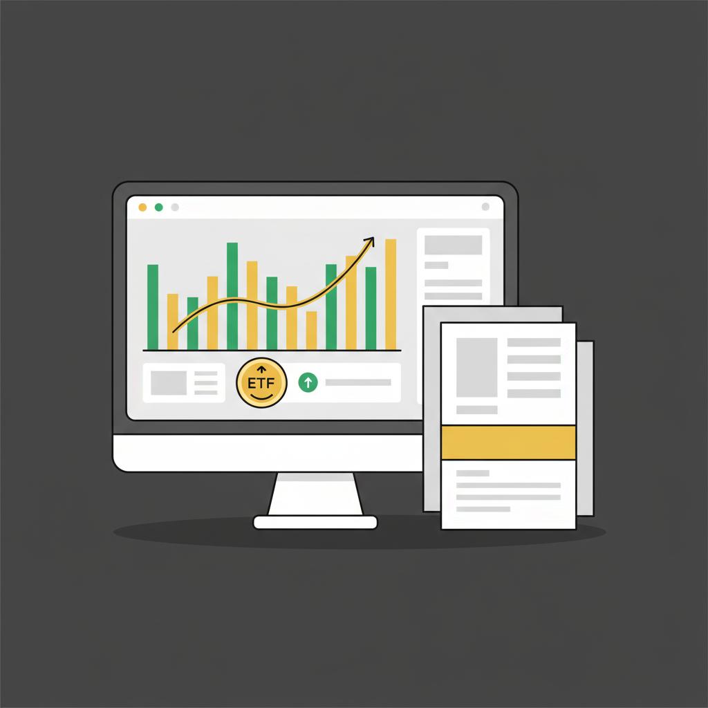 Minimalist vector desktop with brokerage screen showing a gold ETF chart and a printed prospectus illustrating how to buy gold on stock market in Finance Police colors