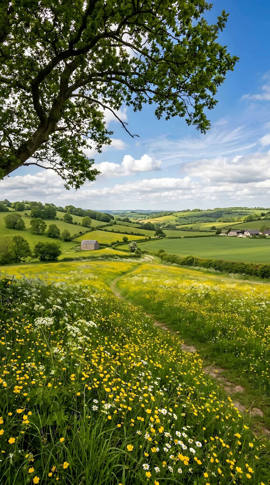 Scenic Landscape of Rolling Green Hills and Yellow Wildflower Meadow - Free 4K mobile Wallpaper