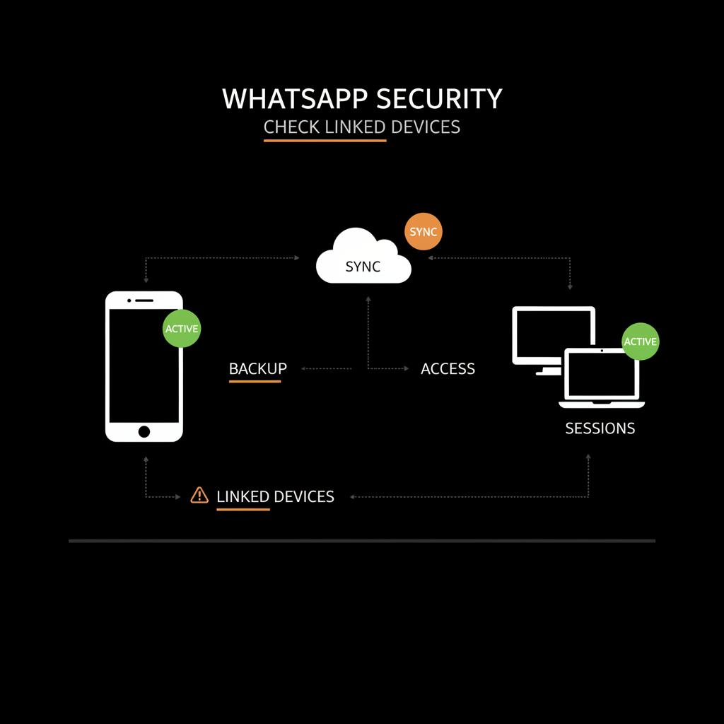 Flat vector infographic on black background showing a phone, cloud, and desktop with green and amber status badges representing sessions and backups — how to check if someone is using my WhatsApp