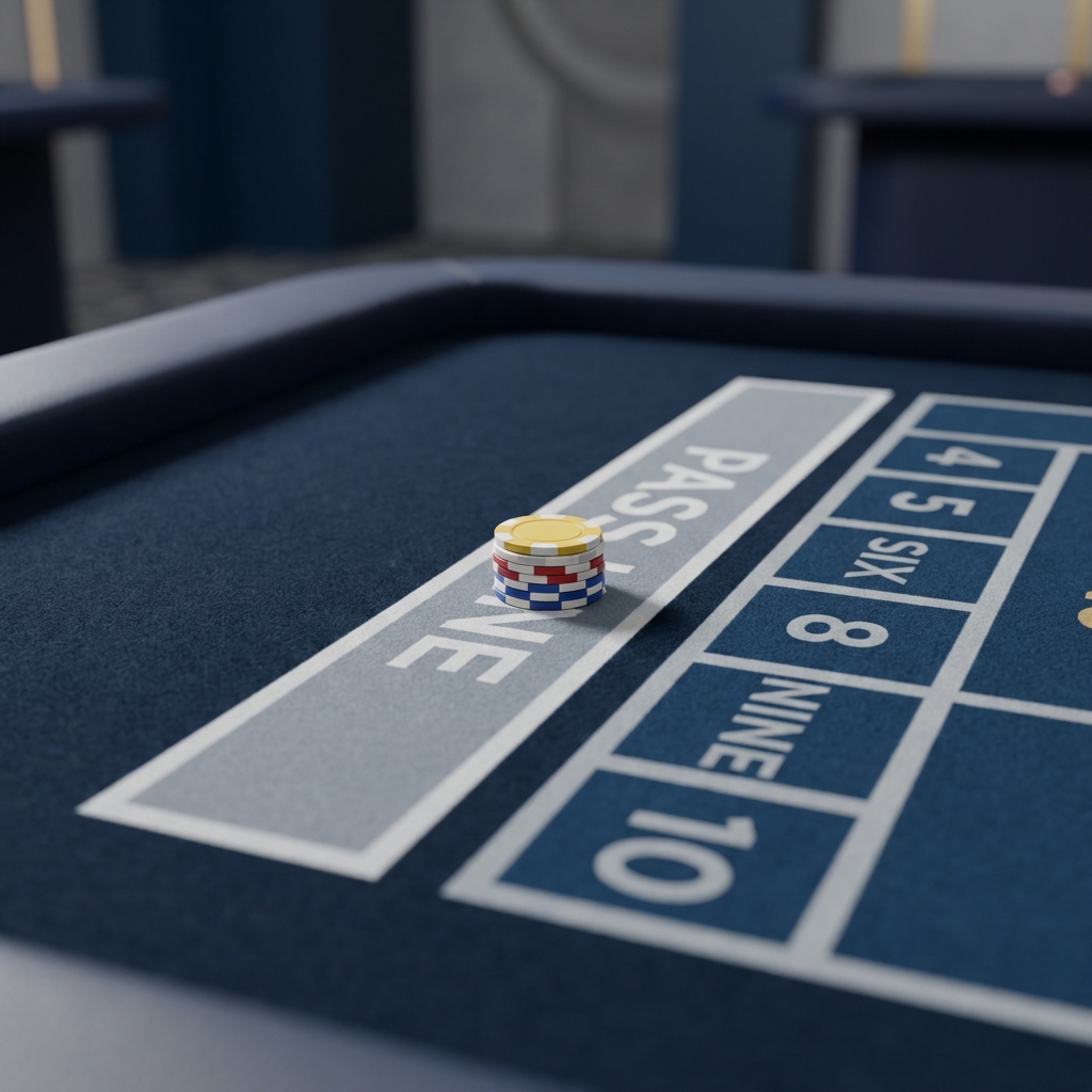 how to bet on craps close up of pass line and number boxes on deep navy felt with clear printed labels and a small stack of chips indicating a bet