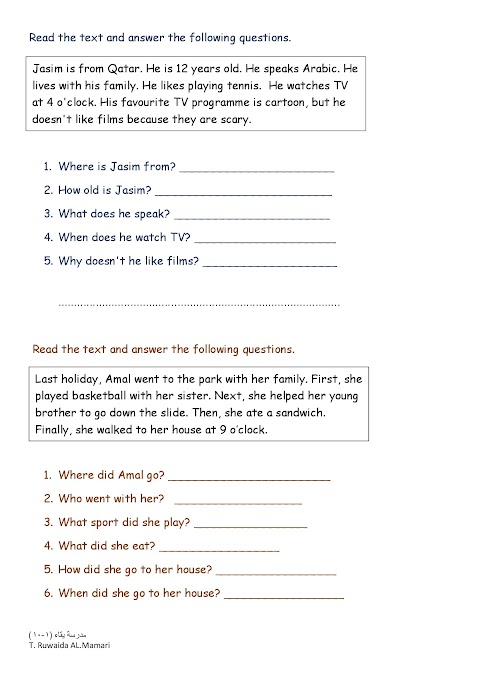 إقرأ وأجب عن الأسئلة - إنجليزي الصف 3 الفصل 2 (1)